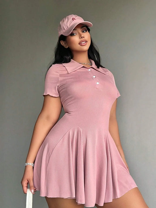 Front Button-Up Short Sleeve Collared Dress