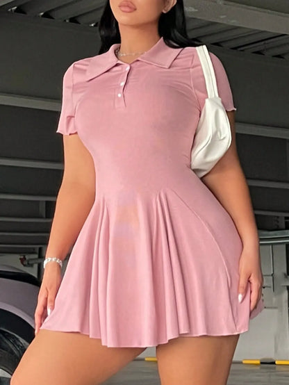 Front Button-Up Short Sleeve Collared Dress