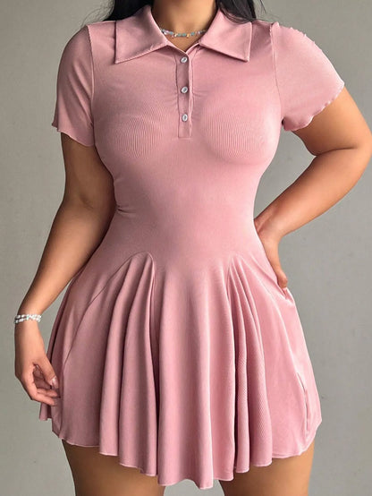 Front Button-Up Short Sleeve Collared Dress