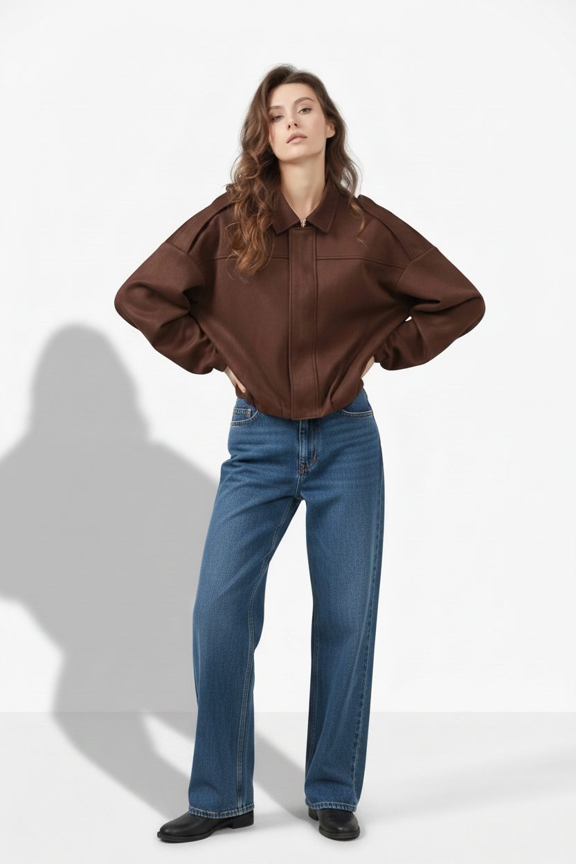 Woman wearing a brown blouse and black pants on a white background