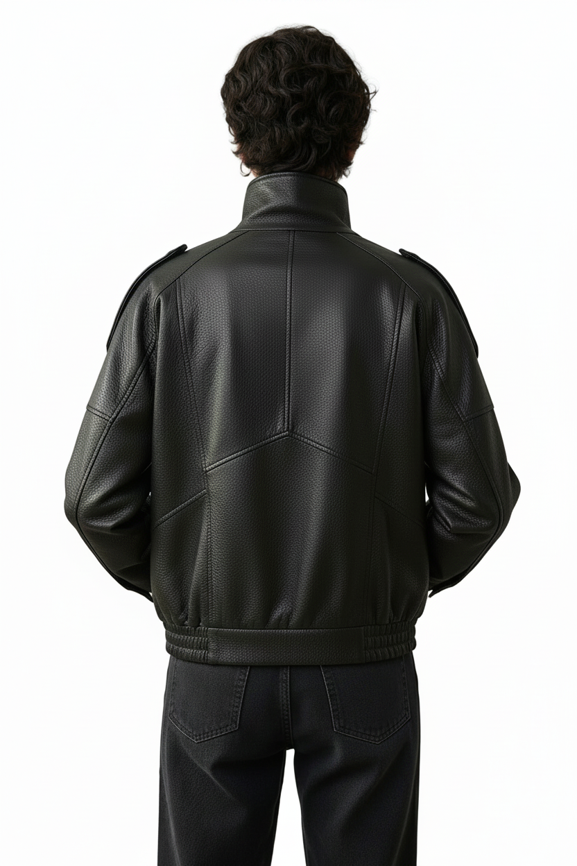 Person wearing a black leather jacket against a plain background
