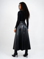 Solid PU Leather Flared Skirt
