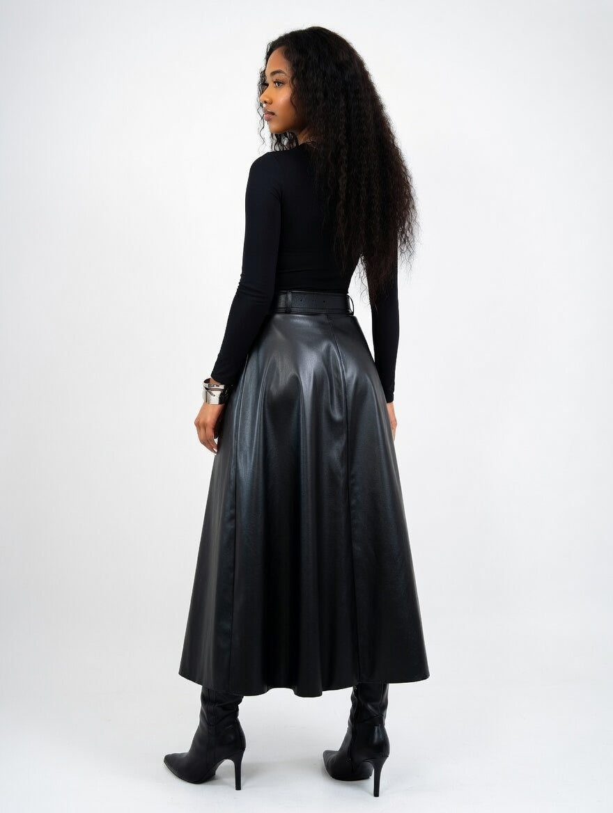 Solid PU Leather Flared Skirt