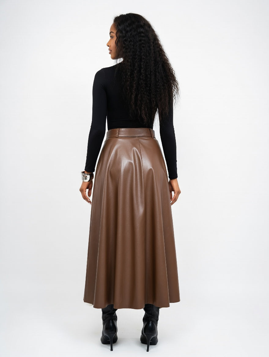 Solid PU Leather Flared Skirt
