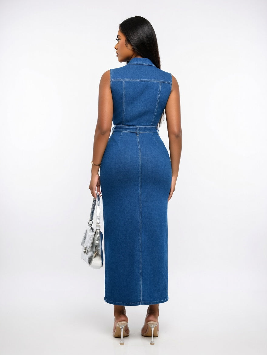 Woman wearing a blue denim dress on a white background