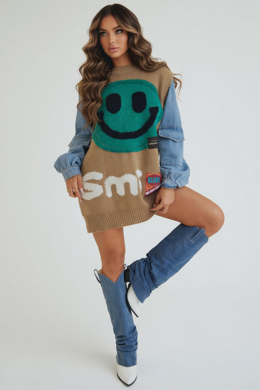 Woman wearing a smiley face sweater with denim jacket and jeans on a white background