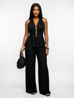 Backless Textured Crop Top And Wide Leg Pants Set