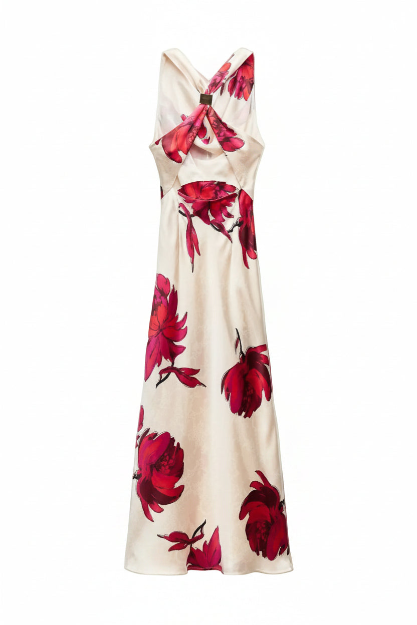 Floral dress with red flowers on a white background