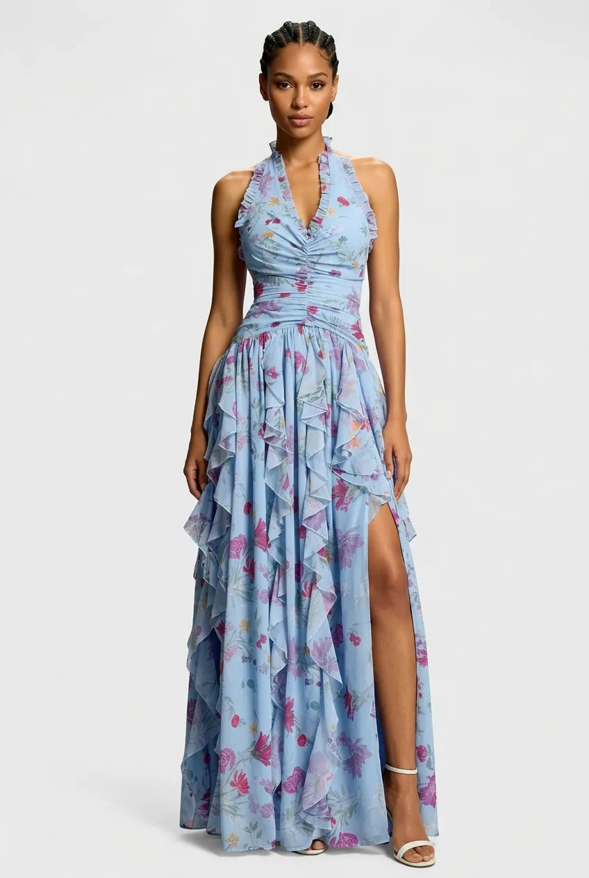 Ethereal Floral Ruffled Halter Maxi Dress