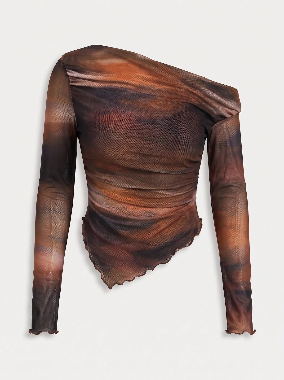 a long-sleeved, one-shoulder top is crafted from a sheer, lightweight mesh fabric featuring an abstract, smoky watercolor print in rich tones of warm rust orange, deep brown, and muted charcoal. The fitted, asymmetrical design features soft all-over ruching that contours the body, complemented by a sleek one-shoulder neckline and a uniquely curved, lettuce-edge hemline