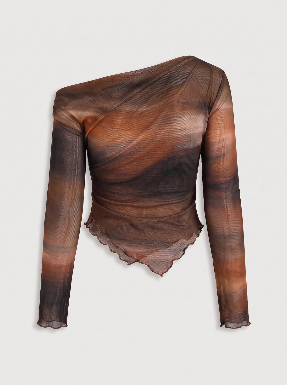 a long-sleeved, one-shoulder top is crafted from a sheer, lightweight mesh fabric featuring an abstract, smoky watercolor print in rich tones of warm rust orange, deep brown, and muted charcoal. The fitted, asymmetrical design features soft all-over ruching that contours the body, complemented by a sleek one-shoulder neckline and a uniquely curved, lettuce-edge hemline