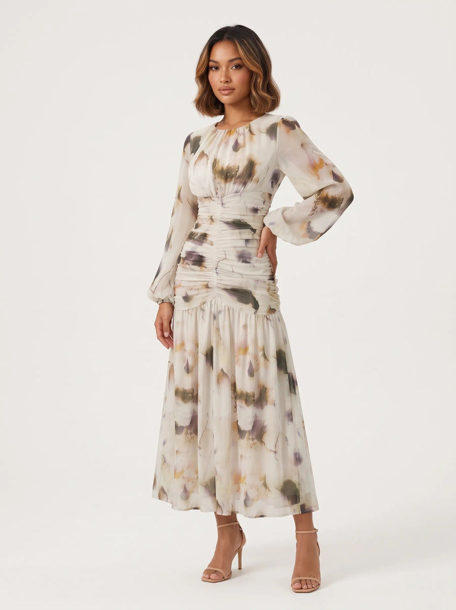 Ethereal Watercolor Ruched Midi Dress
