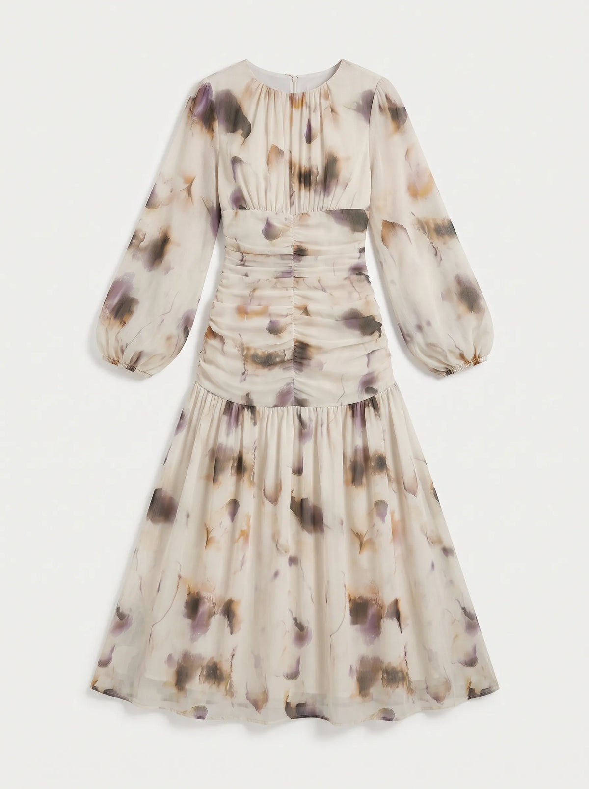 long midi dress crafted from a sheer, flowing fabric featuring an abstract, watercolor-inspired floral print in muted tones of cream, muted purple, sage, and warm amber. 