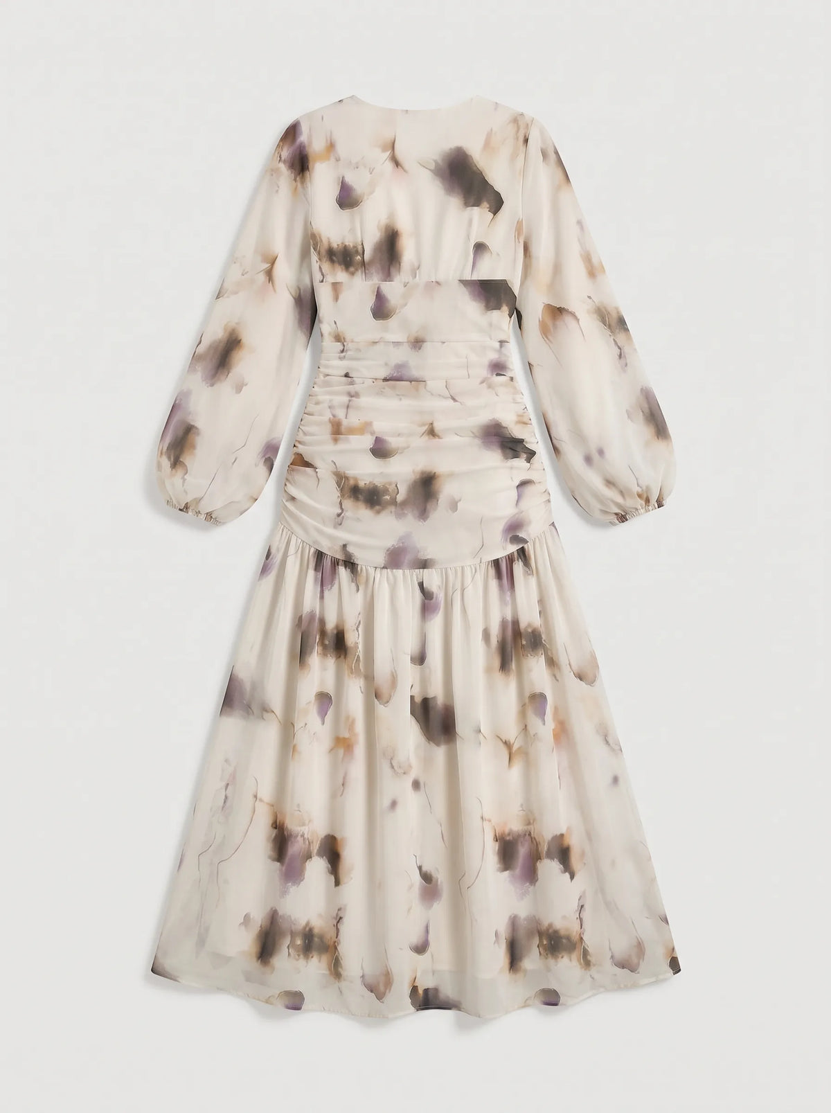 long midi dress crafted from a sheer, flowing fabric featuring an abstract, watercolor-inspired floral print in muted tones of cream, muted purple, sage, and warm amber. 