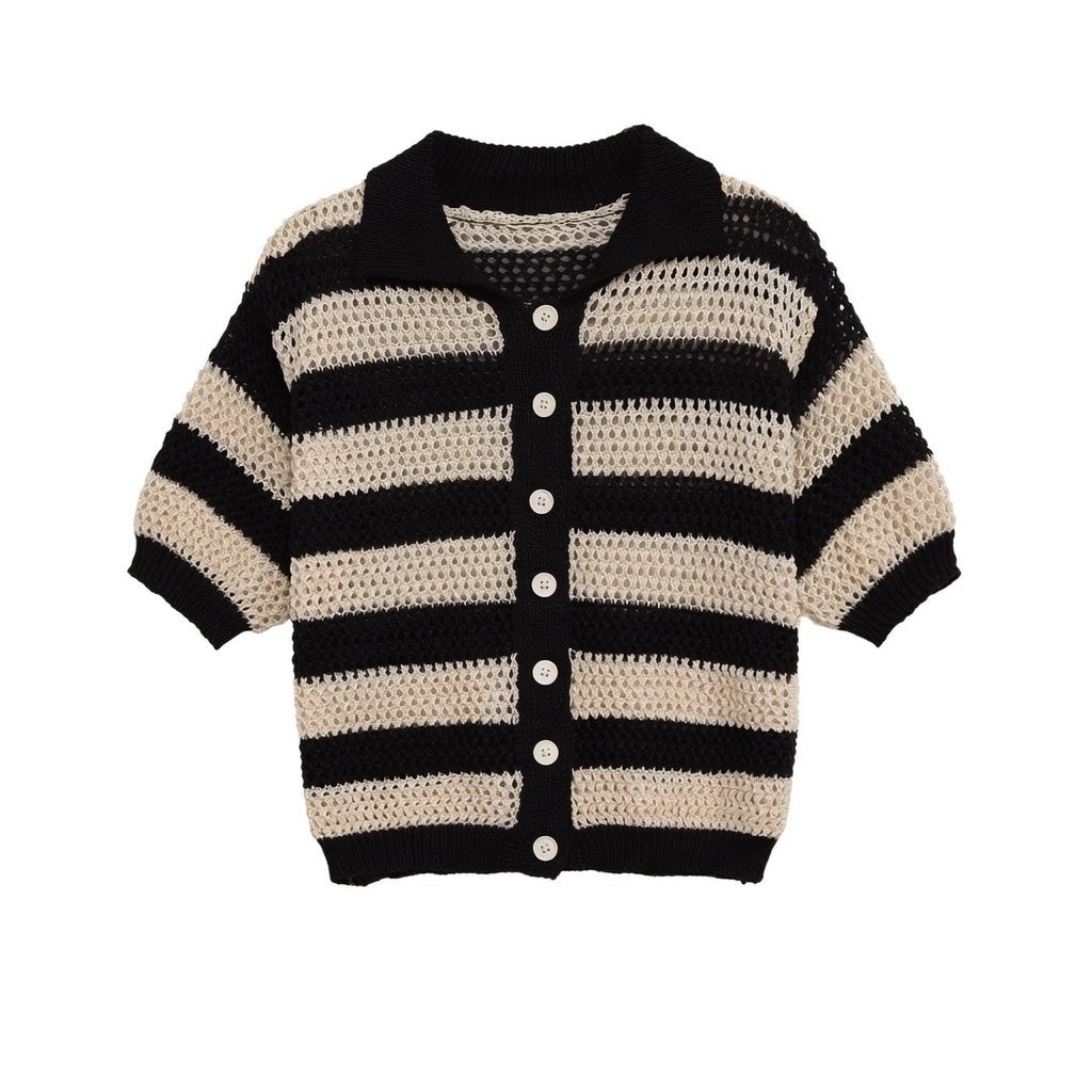 Striped Knit Cardigan Shirt and Knit Shorts Set