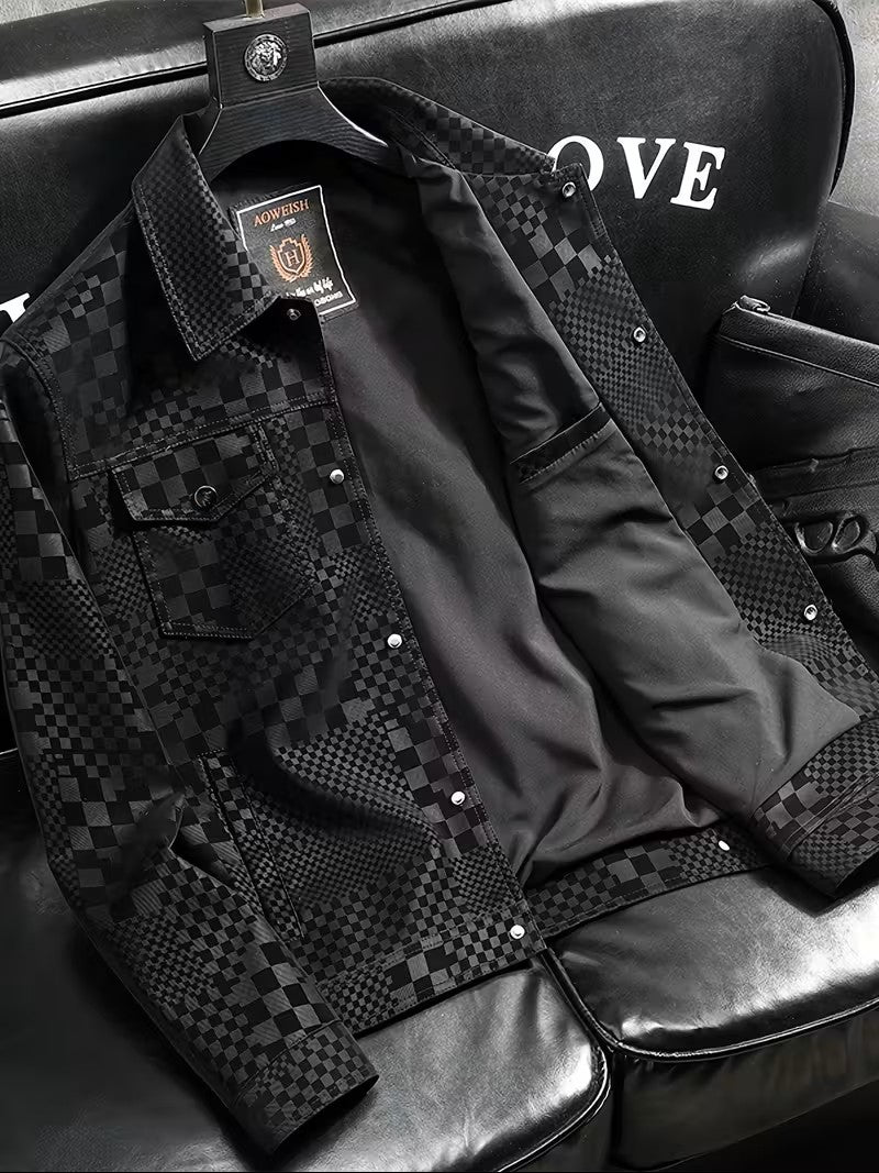 Black and gray checkered jacket on a hanger with 'LOVE' text in the background