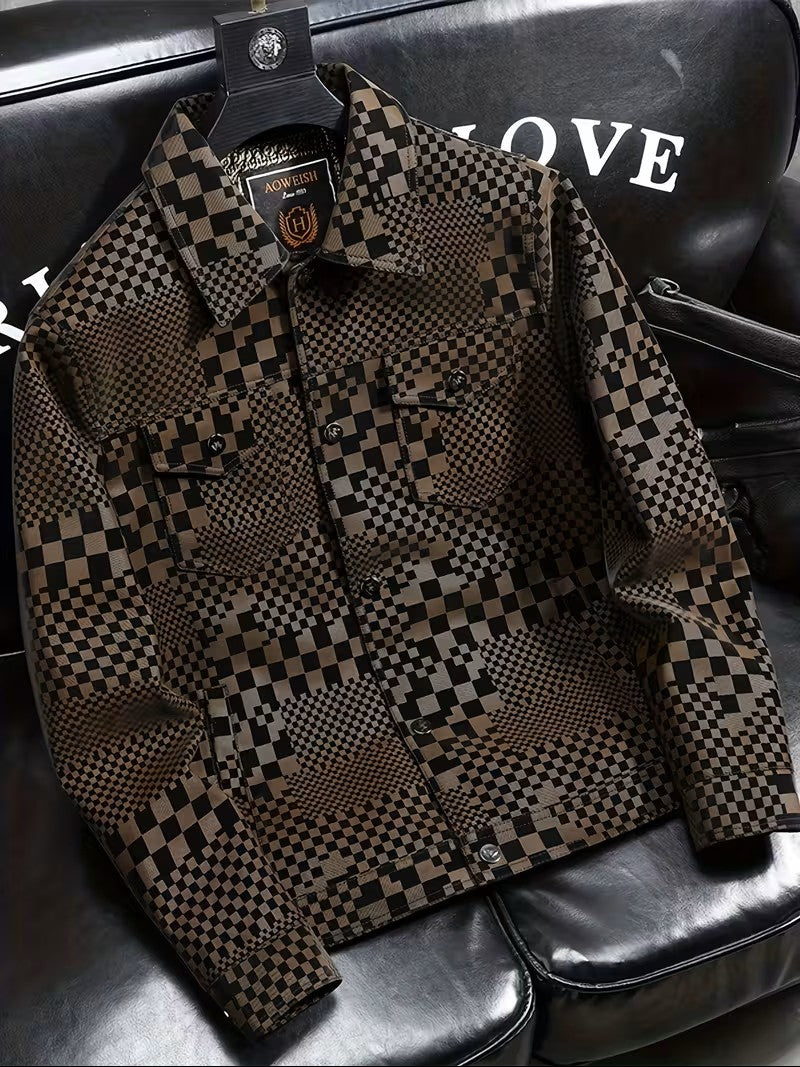 Checkered jacket on a black leather seat with visible brand logo.