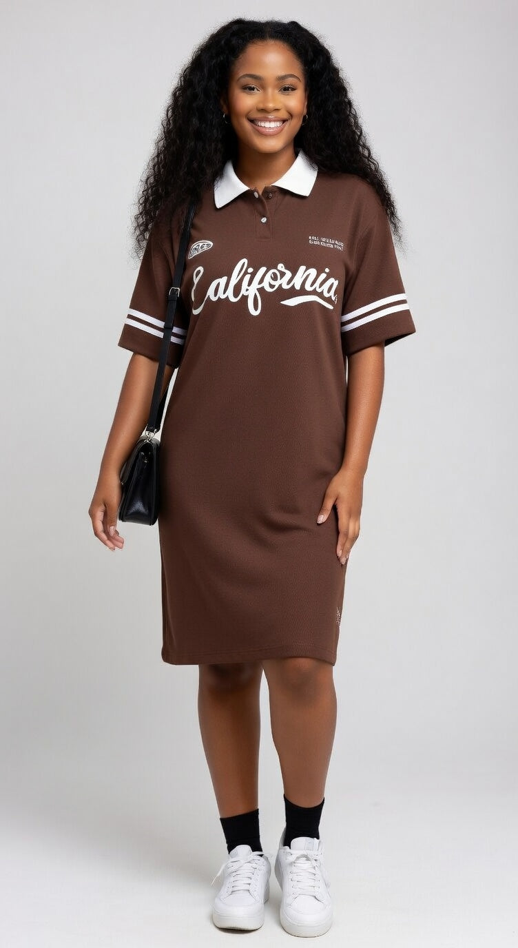 Woman wearing a brown 'California' dress with a white collar on a gray background