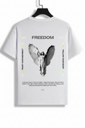 White t-shirt with angel graphic and text on a hanger