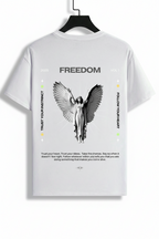 White t-shirt with angel graphic and text on a hanger