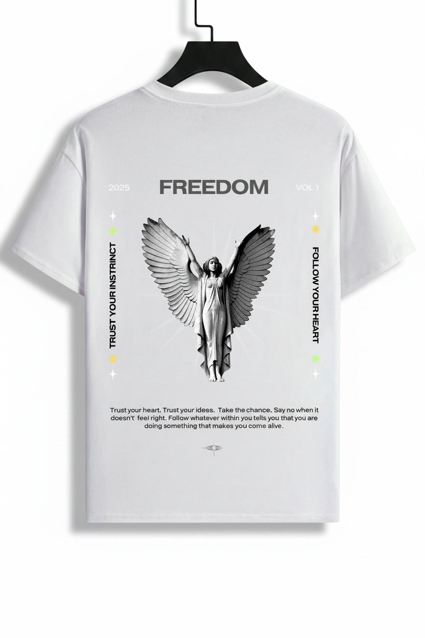 White t-shirt with angel graphic and text on a hanger