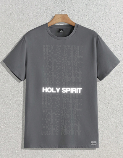 Gray t-shirt with 'HOLY SPIRIT' text on a hanger against a light gray background