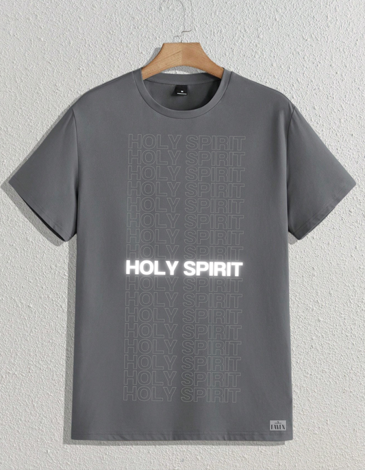 Gray t-shirt with 'HOLY SPIRIT' text on a hanger against a light gray background