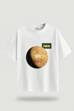White t-shirt with a graphic of a moon and 'rare' logo on a light gray background