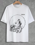 White t-shirt with a black wolf graphic and 'rare' text on a gray background