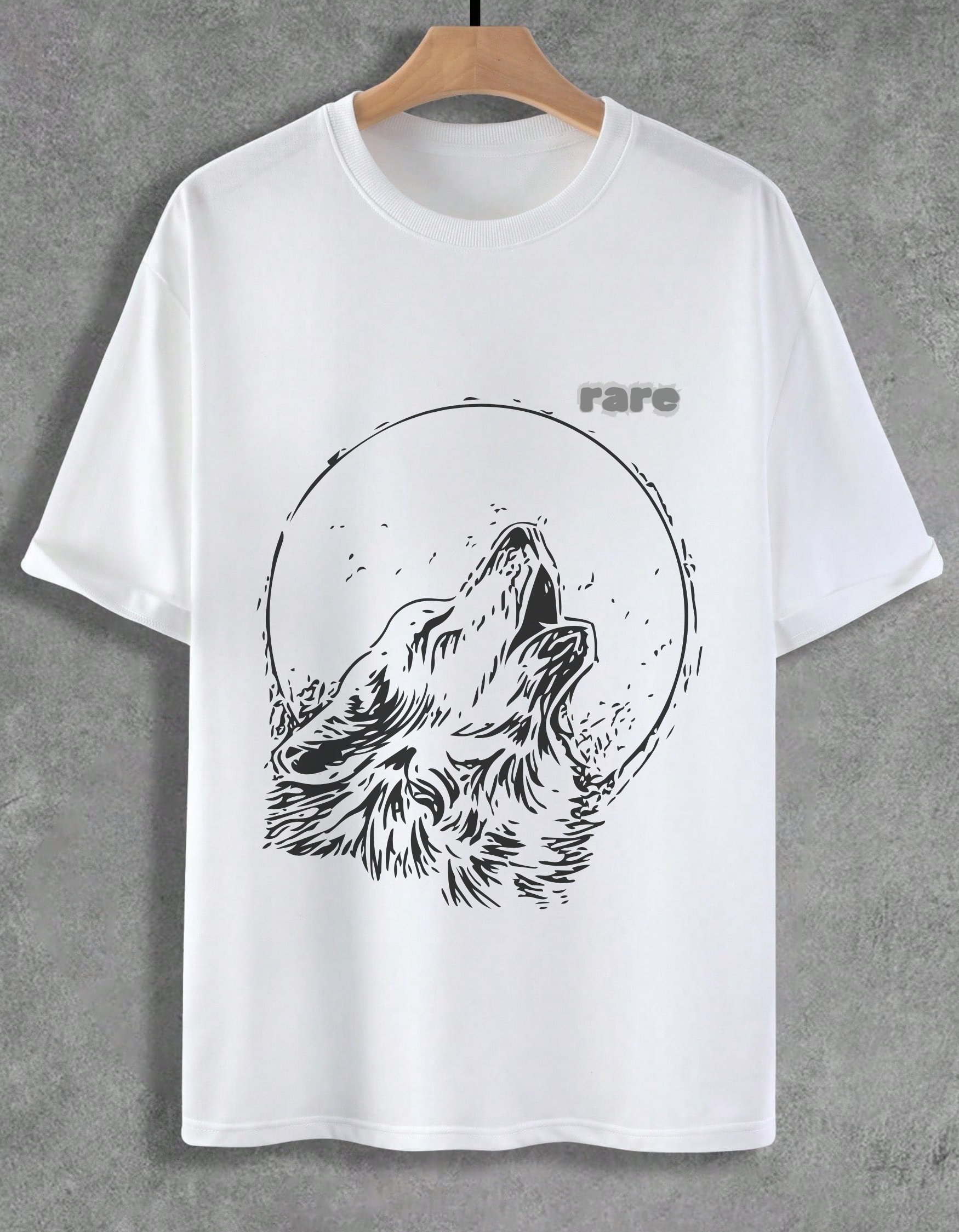 White t-shirt with a black wolf graphic and 'rare' text on a gray background