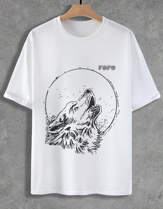 White t-shirt with a black wolf graphic and 'rare' text on a gray background