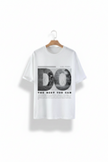 White t-shirt with graphic design and text on a gray background