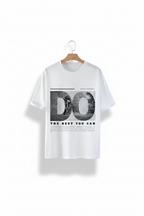 White t-shirt with graphic design and text on a gray background