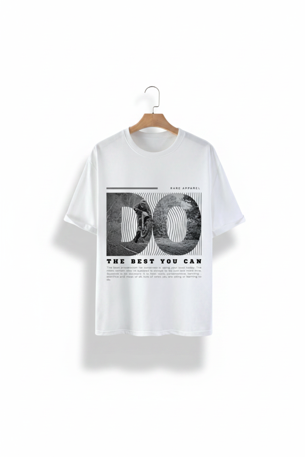 White t-shirt with graphic design and text on a gray background