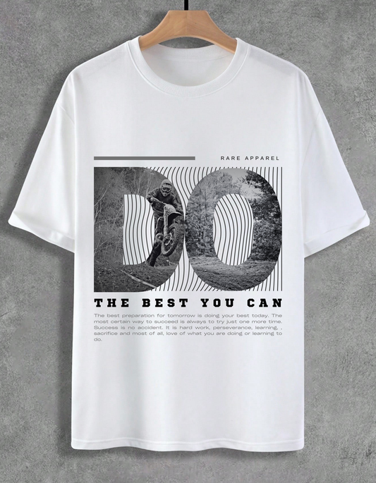 White t-shirt with graphic design and text on a gray background