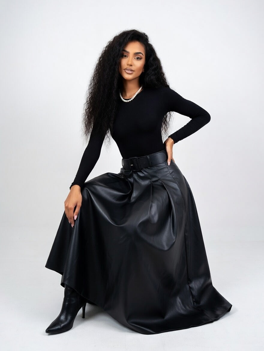 Solid PU Leather Flared Skirt