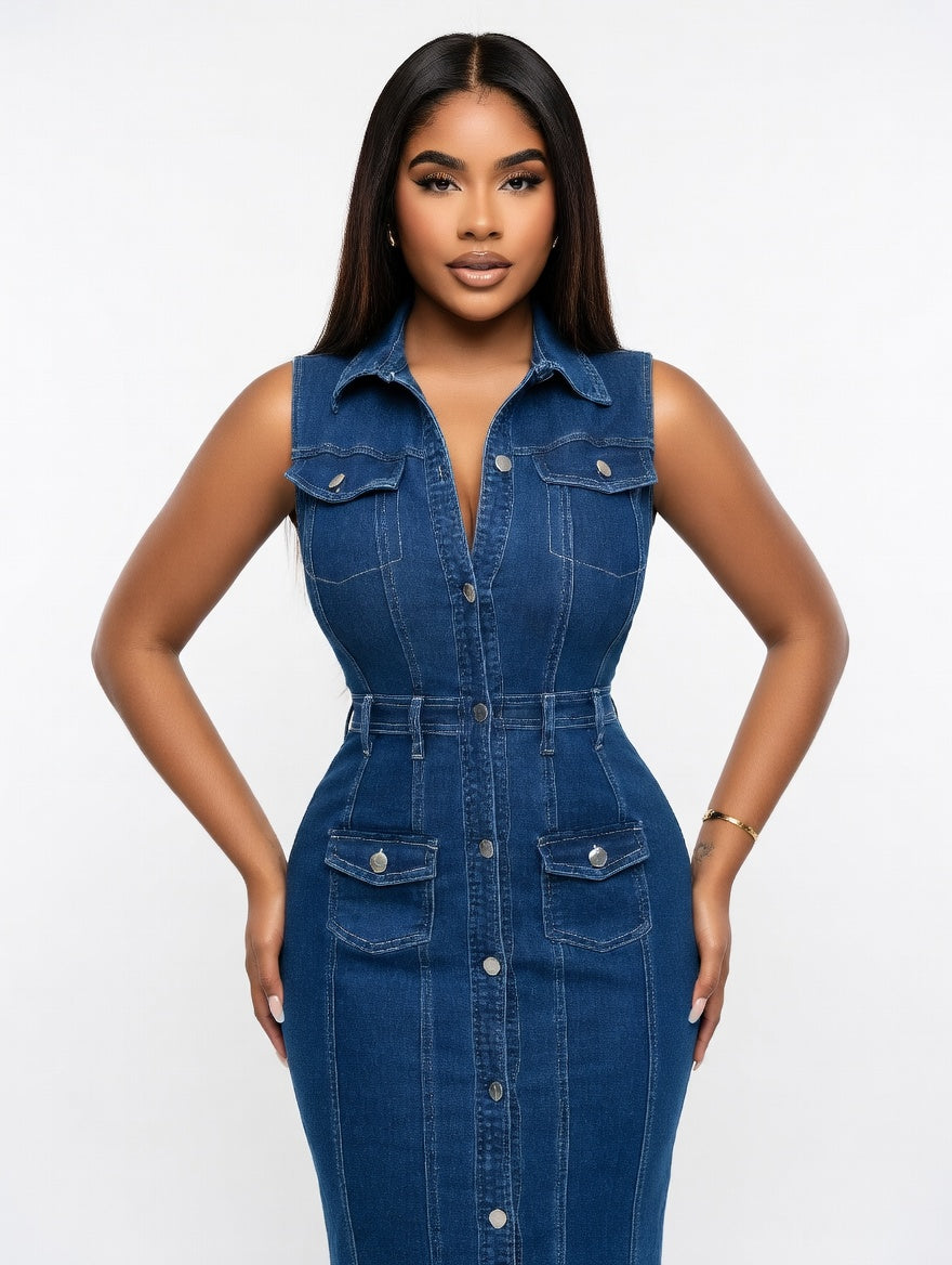 Woman wearing a blue denim dress against a white background