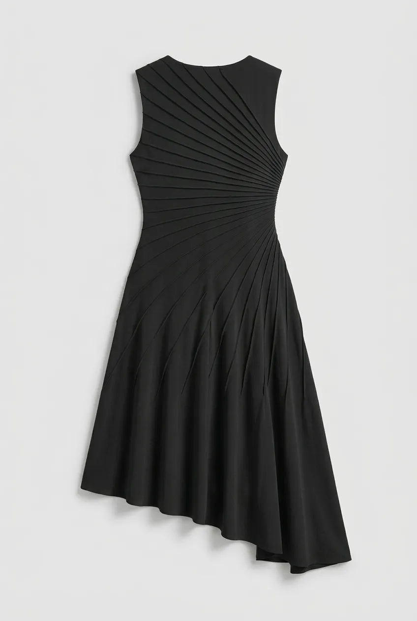 This sleeveless, black midi dress features a crew neckline and a sophisticated sunray pin-tuck design that radiates outward across the fitted bodice. Crafted from a fluid, medium-weight fabric, the dress forms structural pleated lines that extend downward through an A-line silhouette, culminating in a dramatic asymmetrical high-low hemline that flows gracefully around the legs.