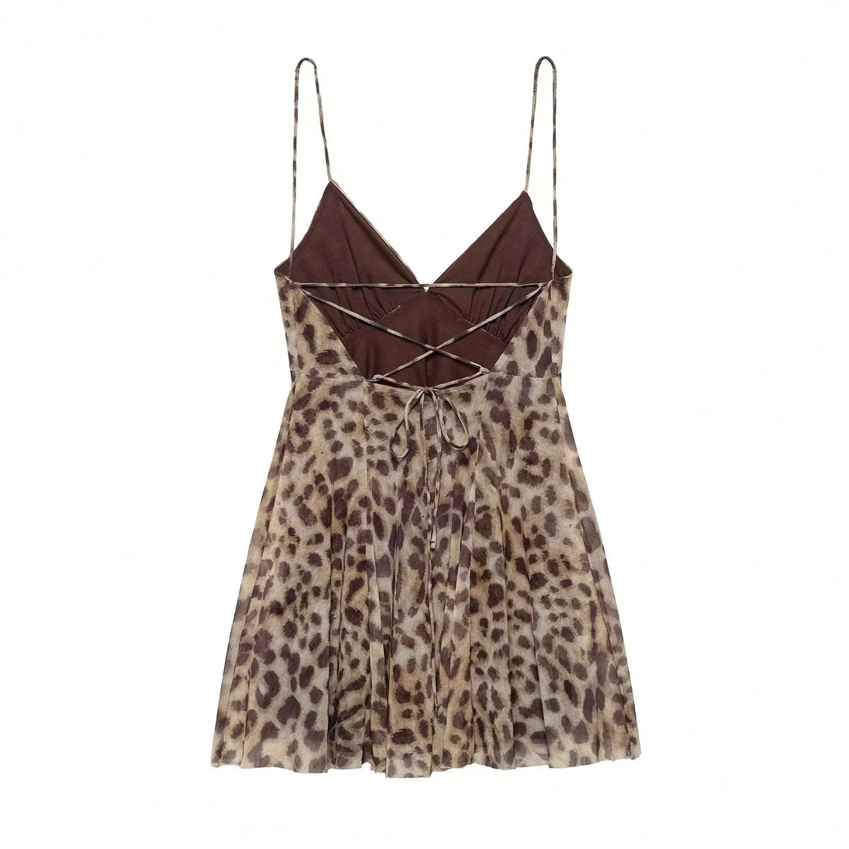 Leopard print dress with brown top on a white background