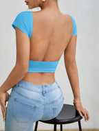 Short Sleeve Scoop Neck Backless Crop Top