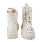 White combat boots with studded details on a white background