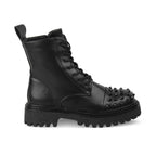 Black leather boot with studded design on a white background