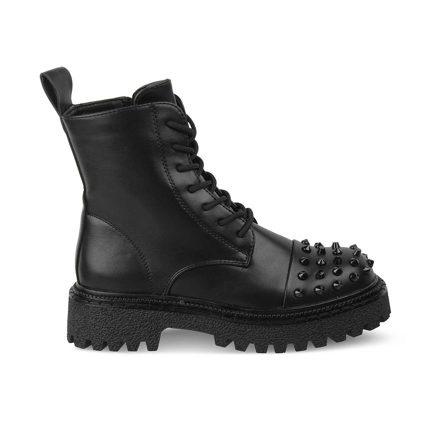 Black leather boot with studded design on a white background