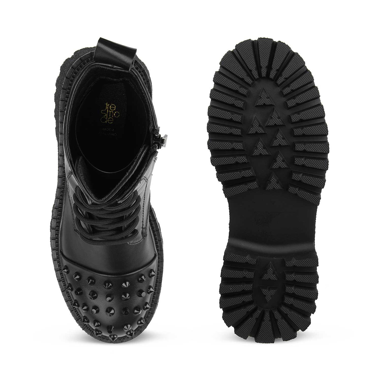 Black studded boot from top and bottom view on a white background