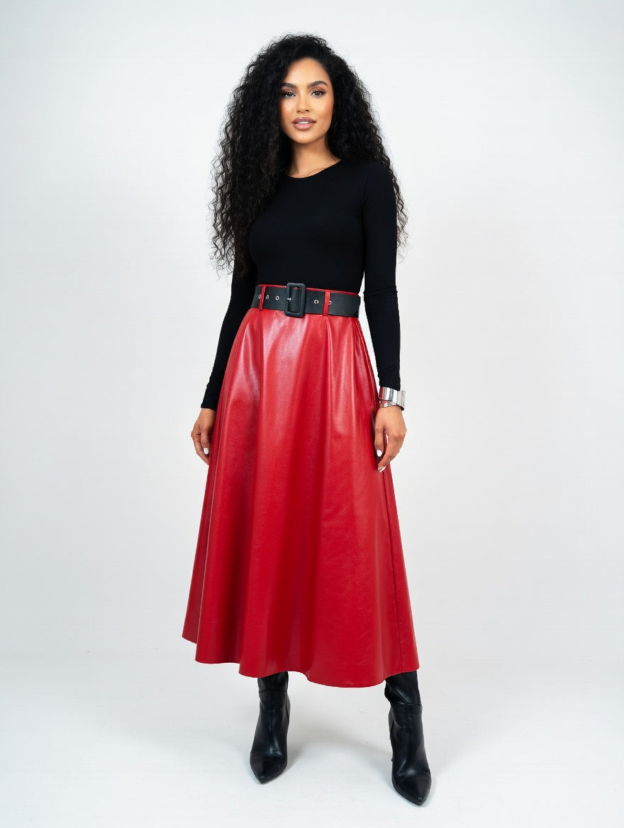 Solid PU Leather Flared Skirt