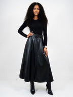 Solid PU Leather Flared Skirt