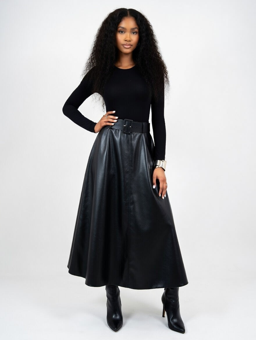 Solid PU Leather Flared Skirt