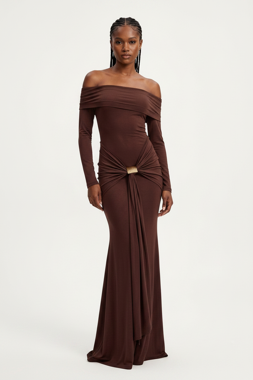 Woman wearing a brown off-shoulder gown on a white background
