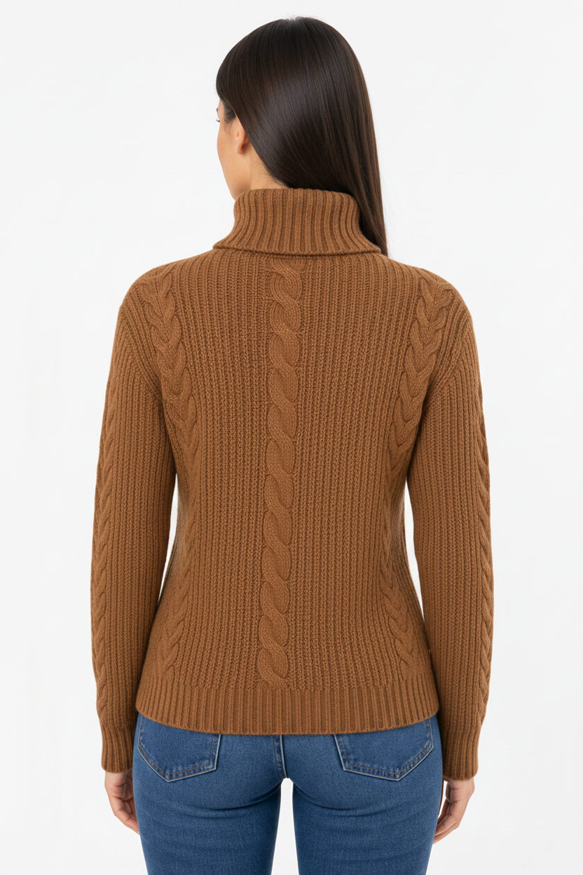 Woman wearing a Brown cable knit turtleneck sweater on a white background
