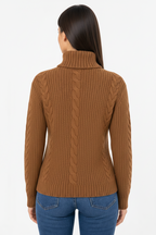 Woman wearing a Brown cable knit turtleneck sweater on a white background